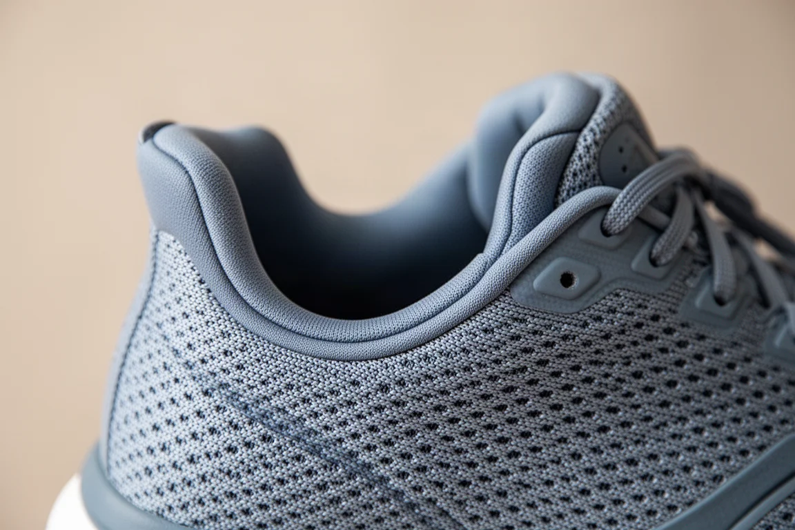 Nahaufnahme eines atmungsaktiven Engineered-Mesh-Schafts eines Laufschuhs mit gepolstertem Knöchelkragen