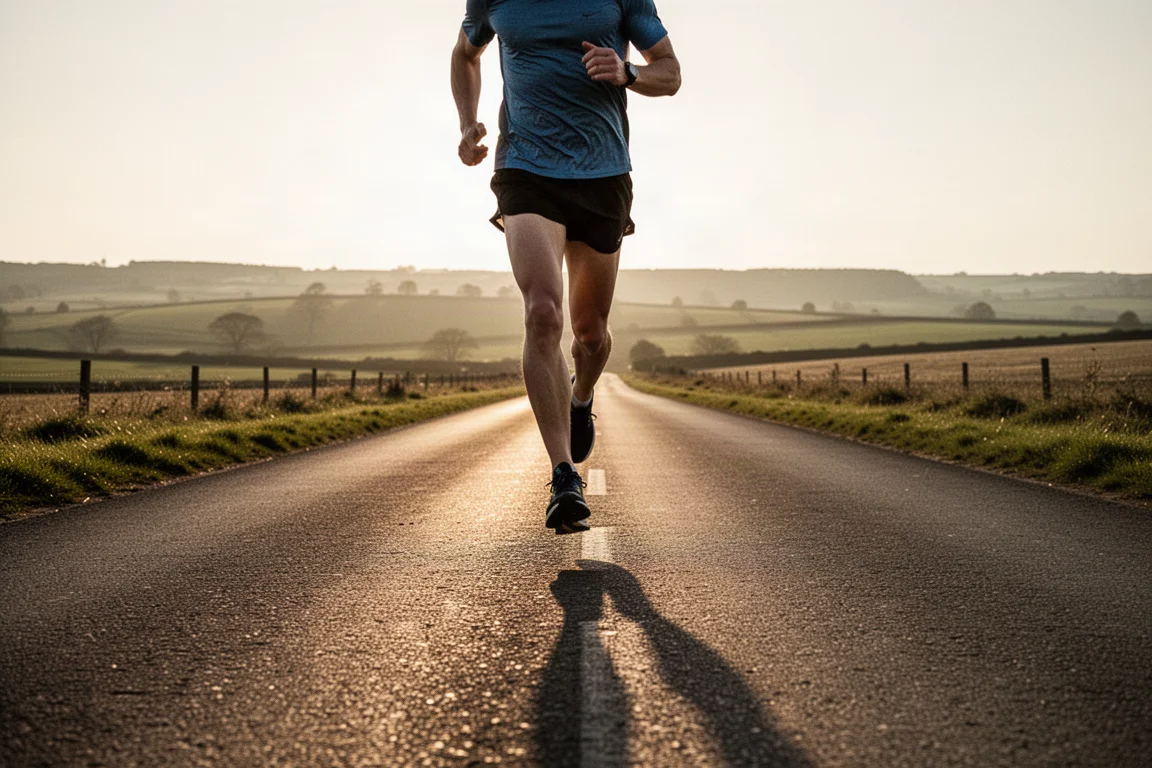 Läufer mitten im Schritt bei einem langen Straßenlauf durch offenes Land zur goldenen Stunde