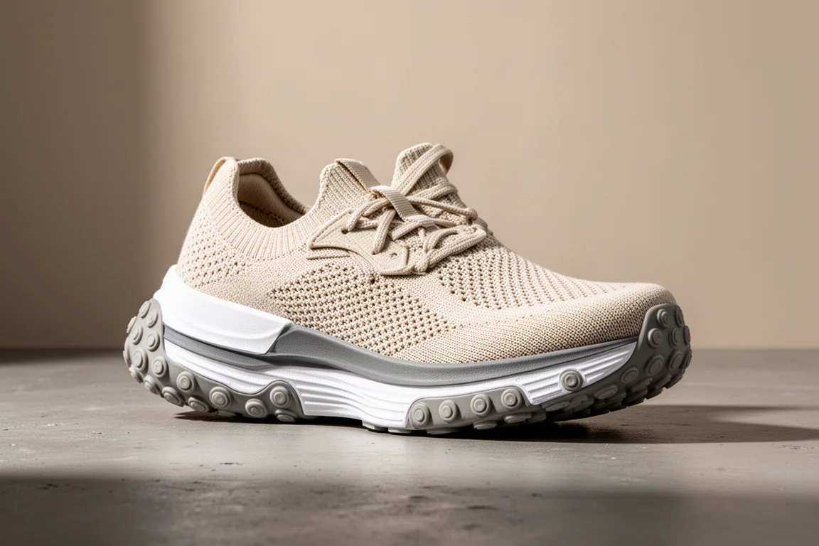 Mizuno Wave Neo Ultra running shoe with undyed knit upper on concrete