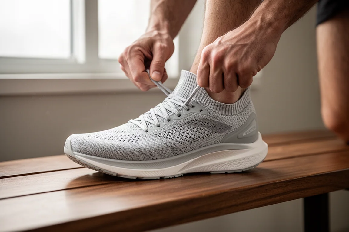 Runner lacing up a knit-collared running shoe on a wooden bench