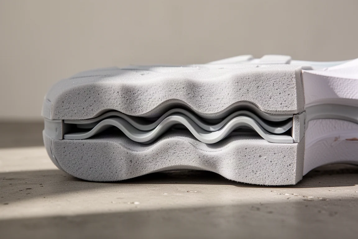 Close-up of a wave plate visible in a running shoe midsole