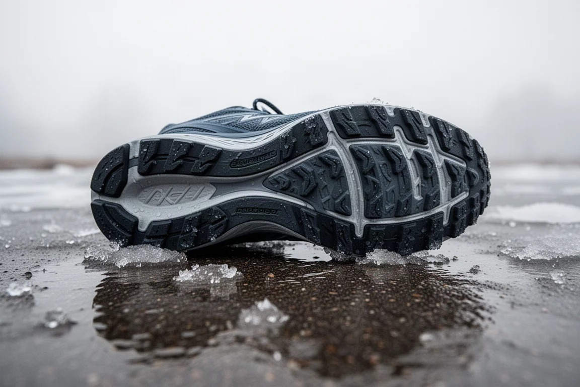 Aggressive outsole tread pattern gripping a wet icy sidewalk