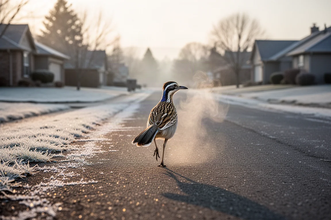 Runner finishing an easy pace on a frosty suburban road at dawn