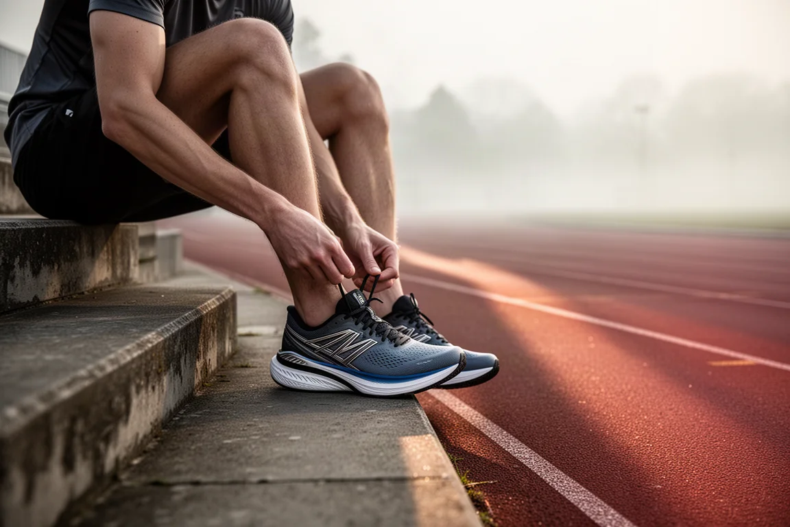 Athlet schnürt auf den Stufen einer Laufbahn im frühen Morgenlicht einen Laufschuh mit Platte