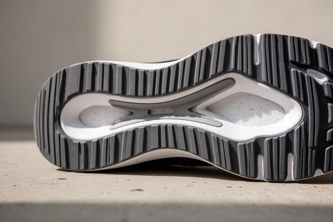 Nahaufnahme einer geriffelten Gummiaußensohle mit Ausschnitt, der die Platte im Schuh-Midsole freigibt