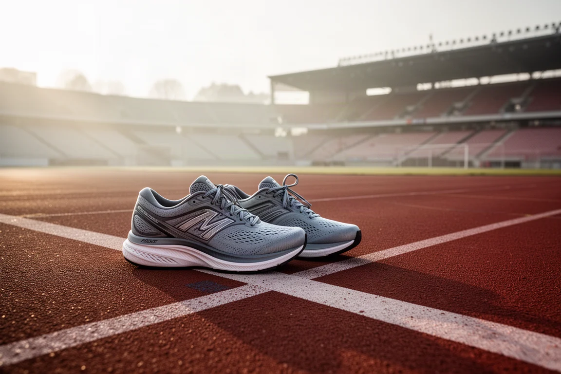 Laufspikes und Schuhe neben einer Bahnenmarkierung in der Morgendämmerung