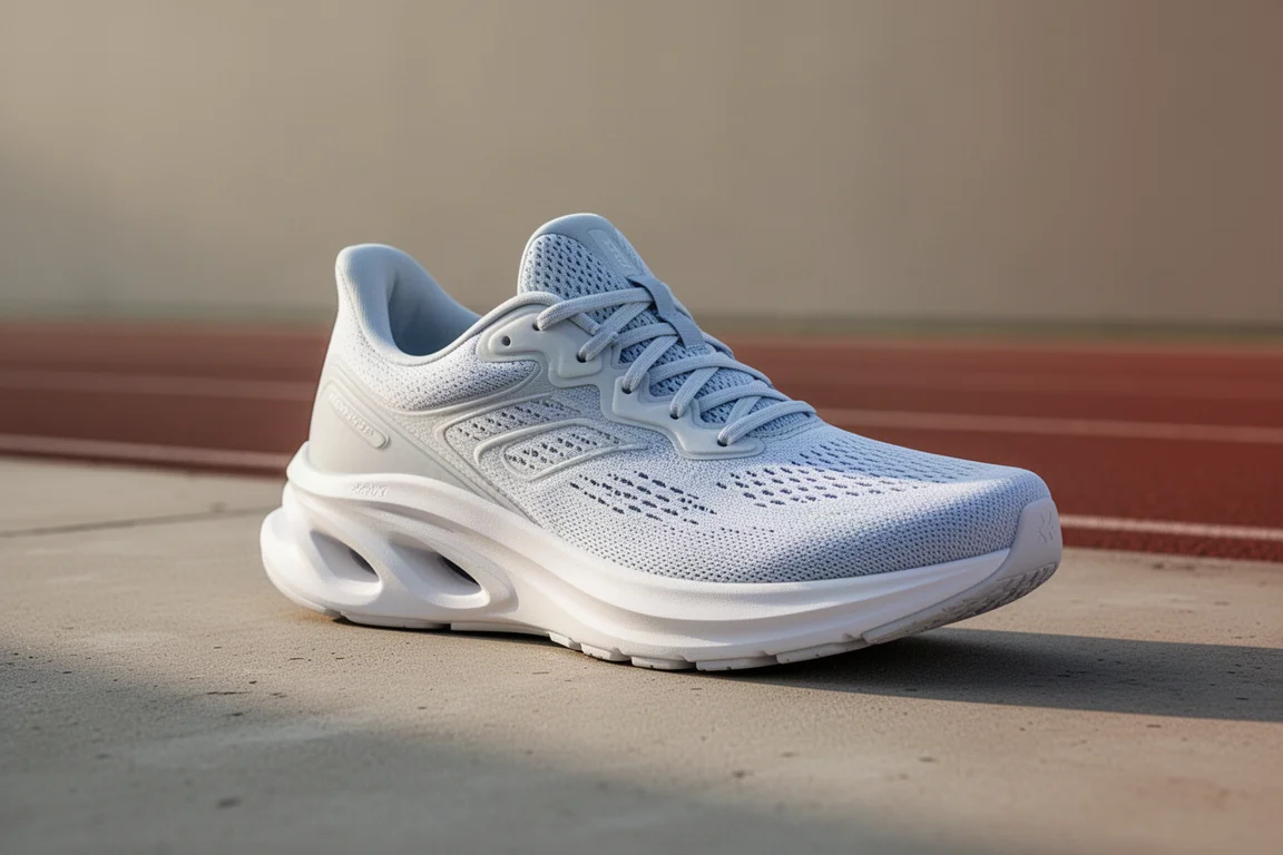 Mizuno Wave Rebellion running shoe at three-quarter angle on concrete near a track