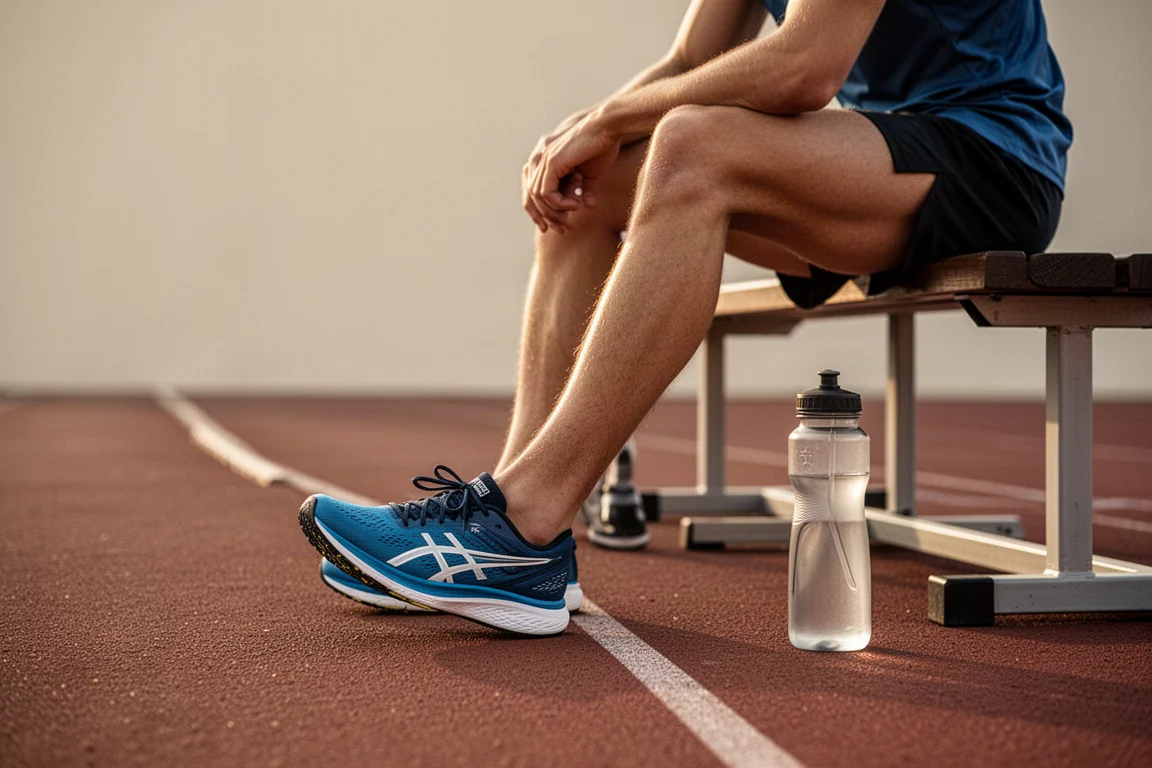 Leichtathlet ruht sich zwischen Wiederholungen auf einer Bank an der Bahn aus