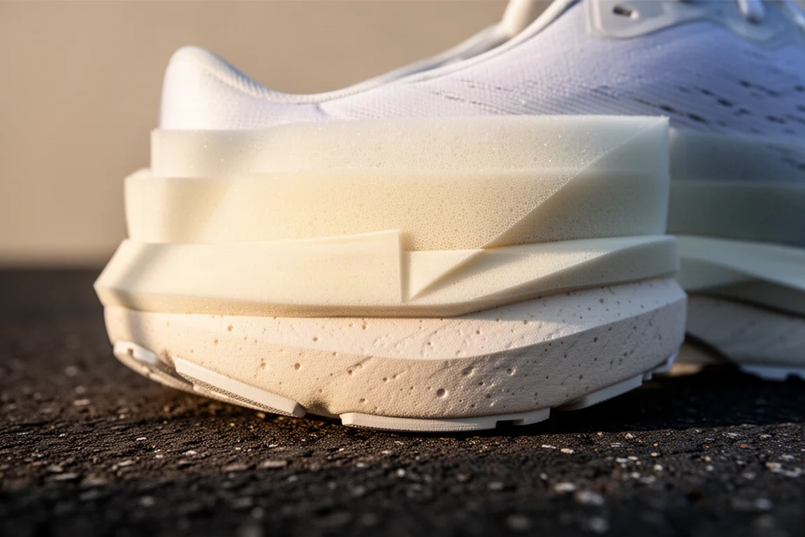 Nahaufnahme einer skulptierten Laufschuh-Mittelsohle und Fersenabschrägung auf Asphalt