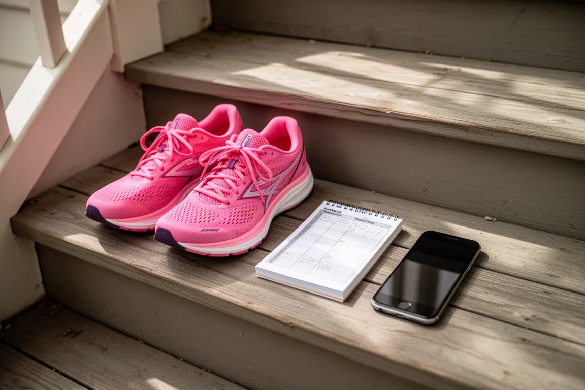 Szene nach dem Lauf mit zwei Laufschuhen und einem Trainingstagebuch auf einer Verandastufe