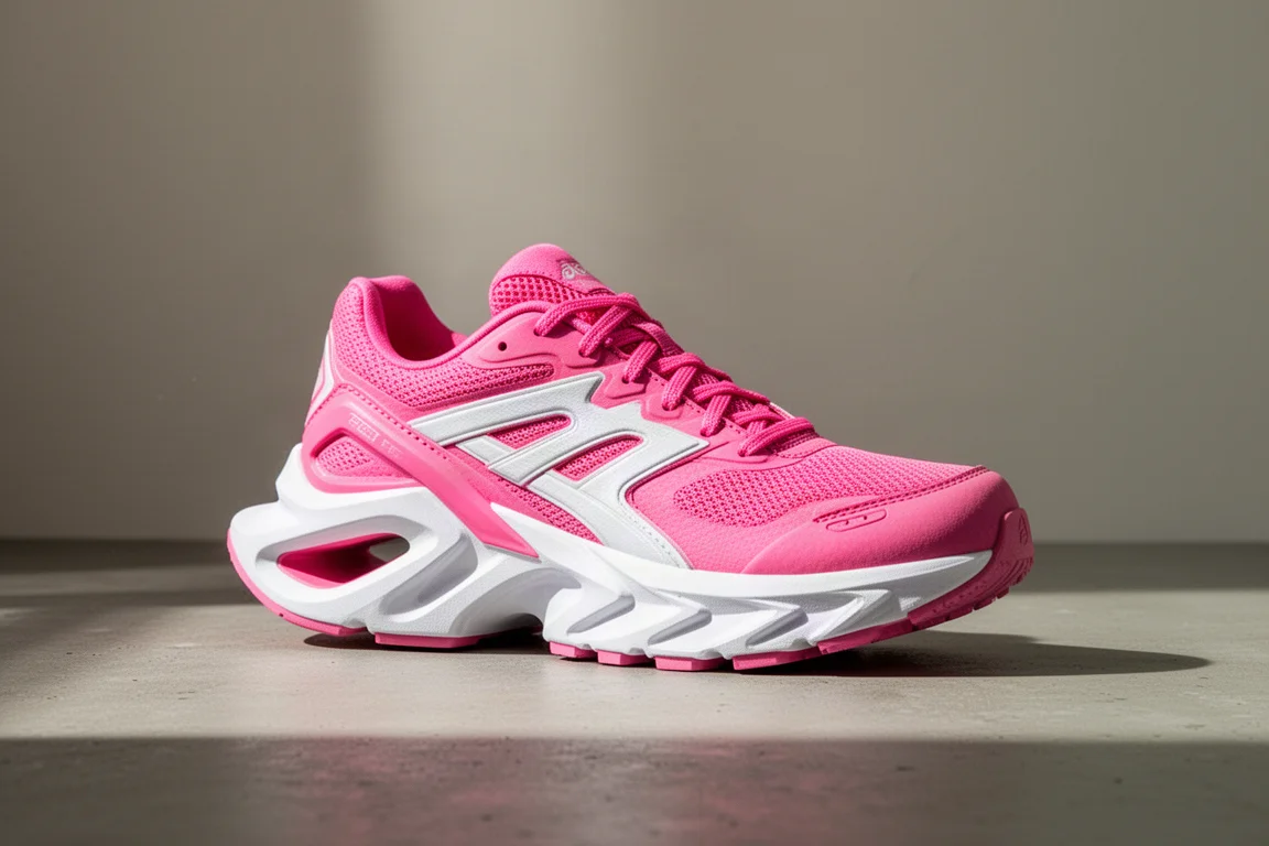 Mizuno Wave Rebellion Flash 3 running shoe in pink with sculpted midsole on concrete