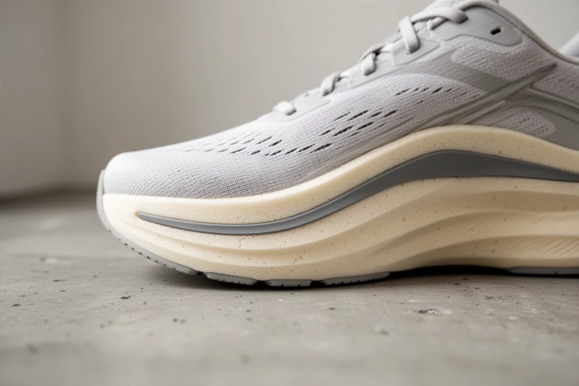 Primo piano della intersuola di una scarpa da running con strati di schiuma sovrapposti