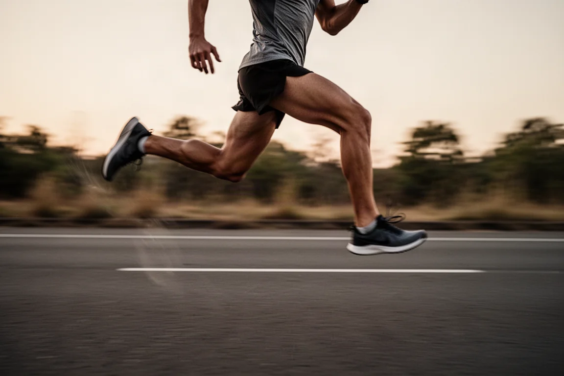 Atleta che corre veloci intervalli su una strada deserta al tramonto