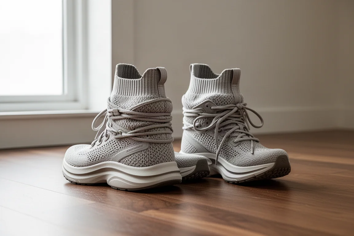 Due scarpe da allenamento ammortizzate affiancate su un pavimento in legno