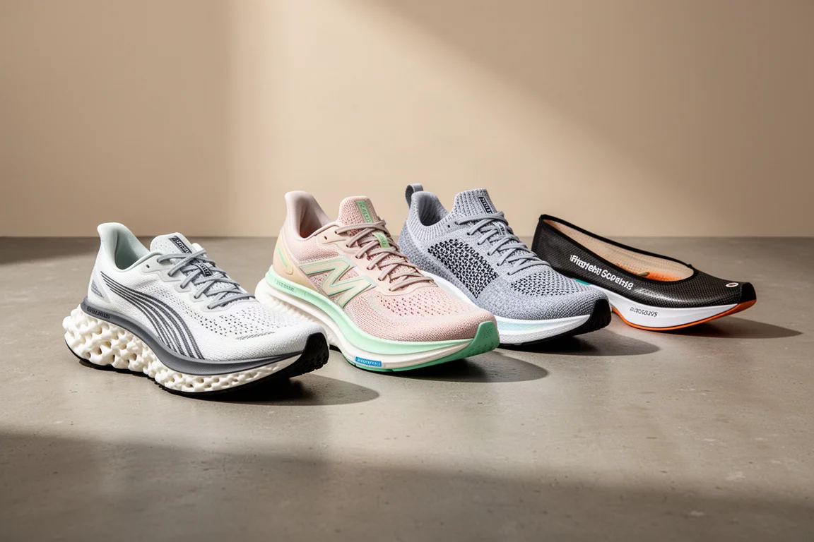 Four running shoes lined up on a matte concrete studio surface