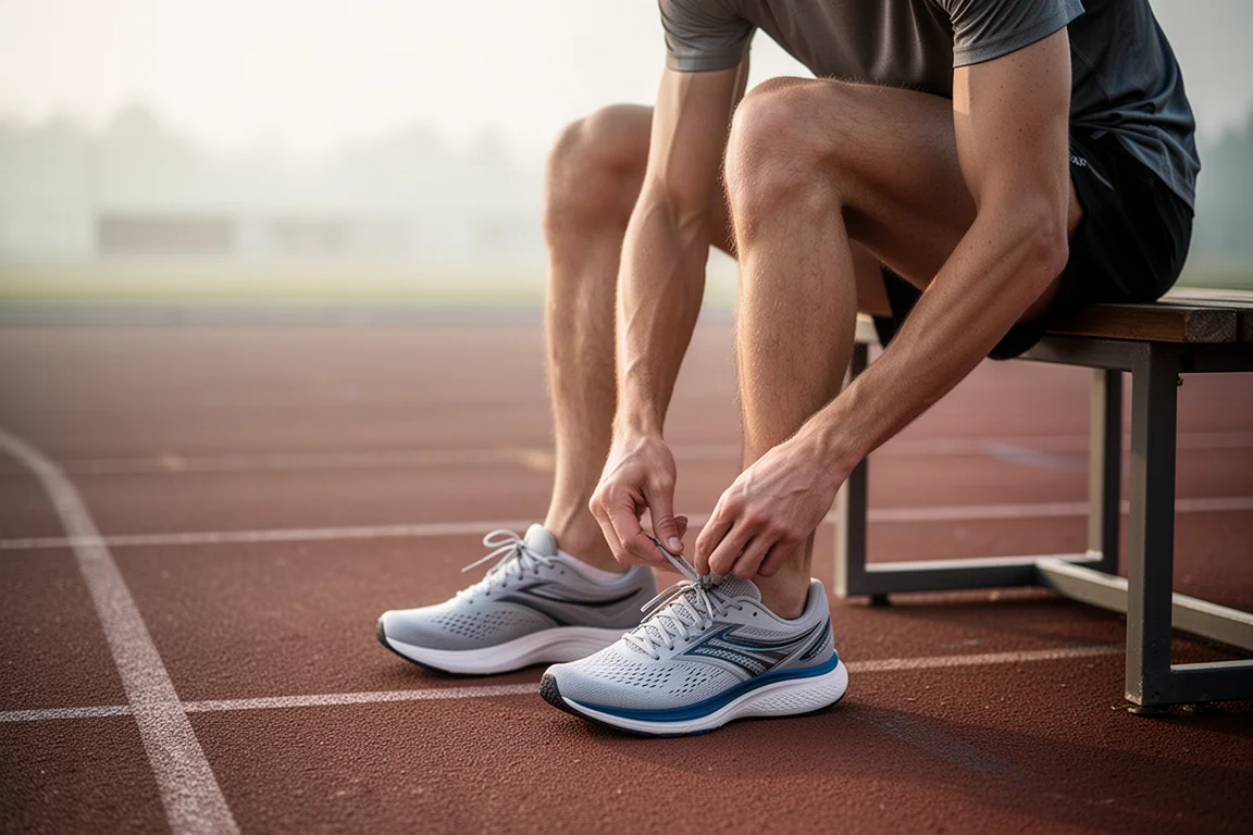 Hardloper_bindt_lichte_race_profielschoenen_vast_naast_een_hardloopbaan