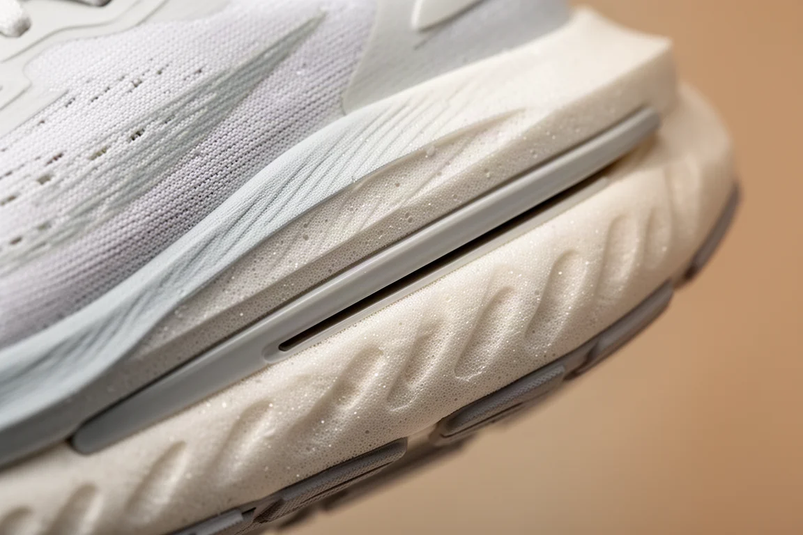 Close-up van een stijve tussenzoolplaat en foamlagen in een loopschoen