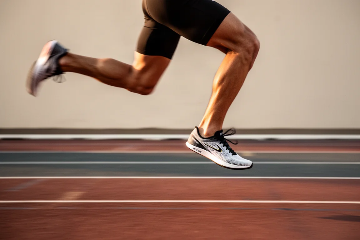 Atleet die snel herhalingen loopt op een rode hardloopbaan