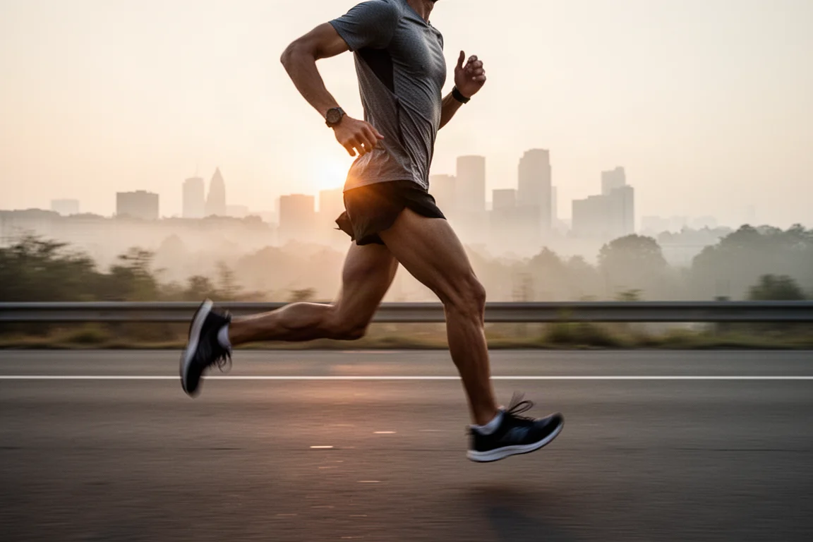 Corredor correndo em ritmo de maratona em uma estrada aberta ao amanhecer