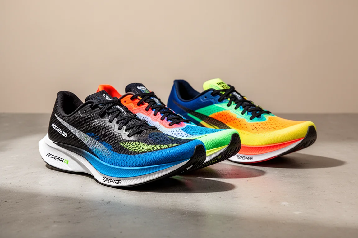 Two versions of Mizuno marathon racing shoes side by side on concrete