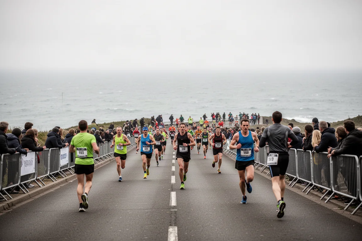 Parcours de semi-marathon côtier avec des coureurs sur une route en montée au bord de la mer