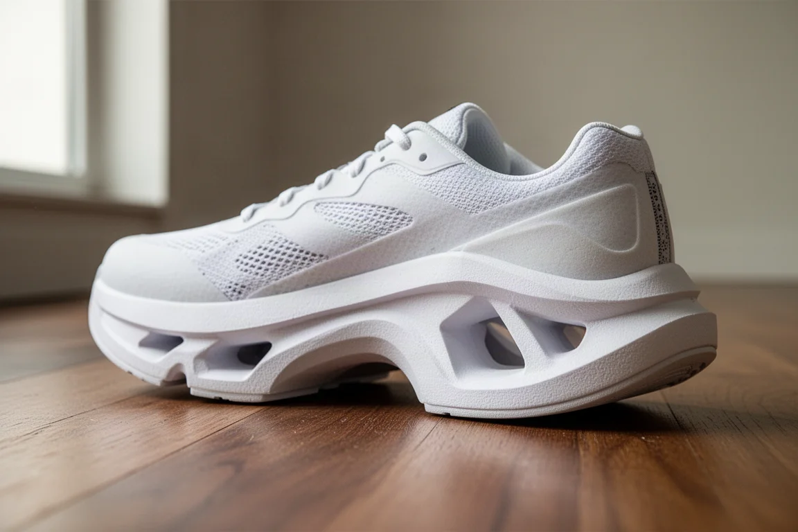 Gros plan de la semelle intermédiaire d'une chaussure de course montrant les découpes au talon et à l'avant-pied