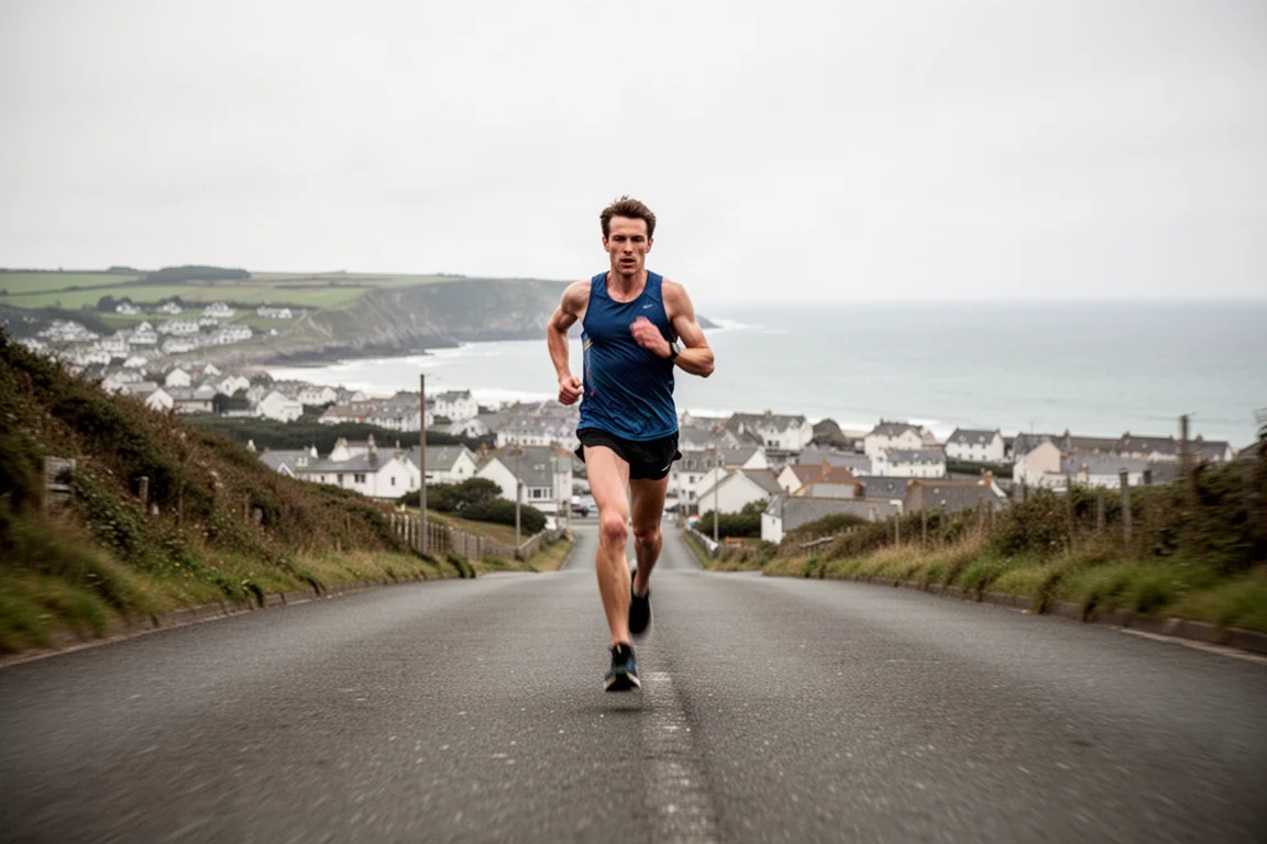Coureur avançant rapidement sur une longue route en descente avec la mer au loin