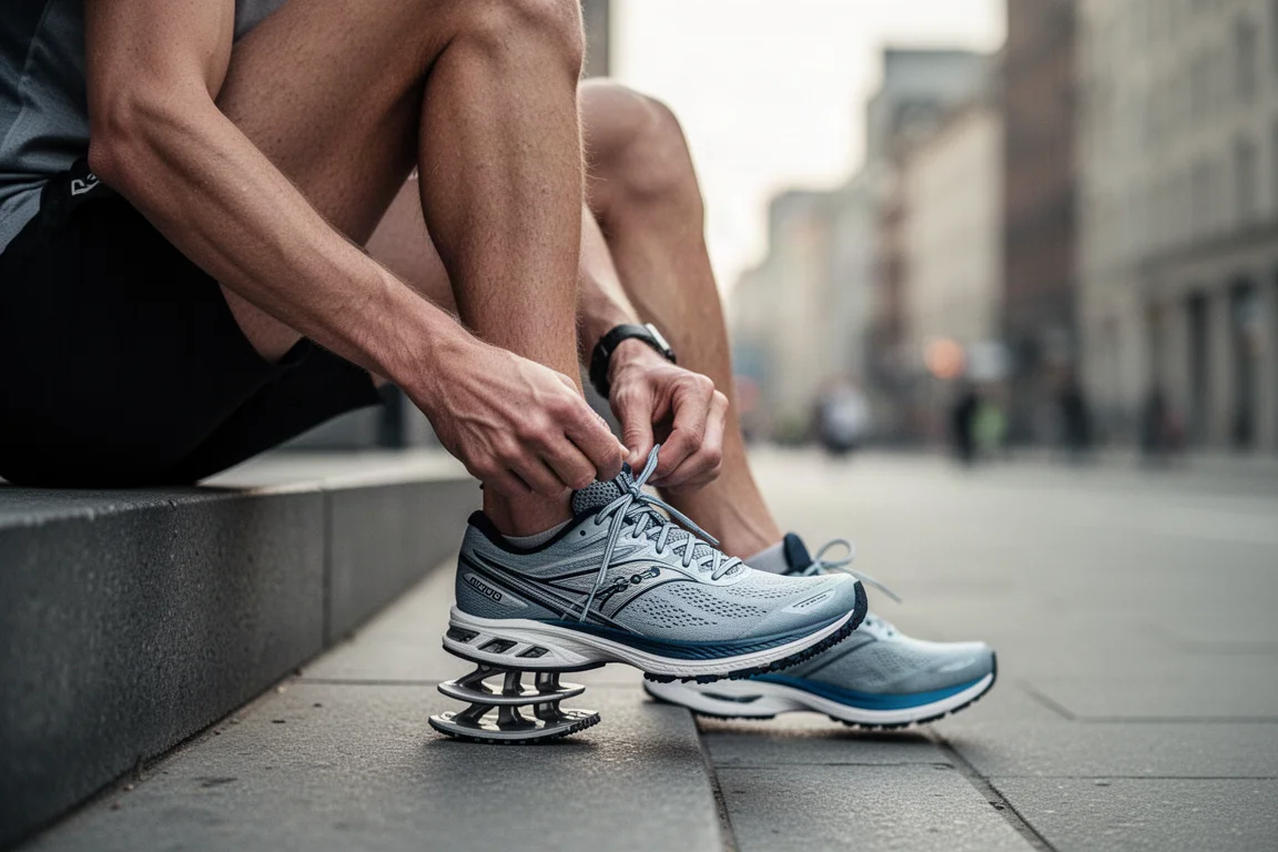 Runner lacing up a white racing shoe on a warm morning