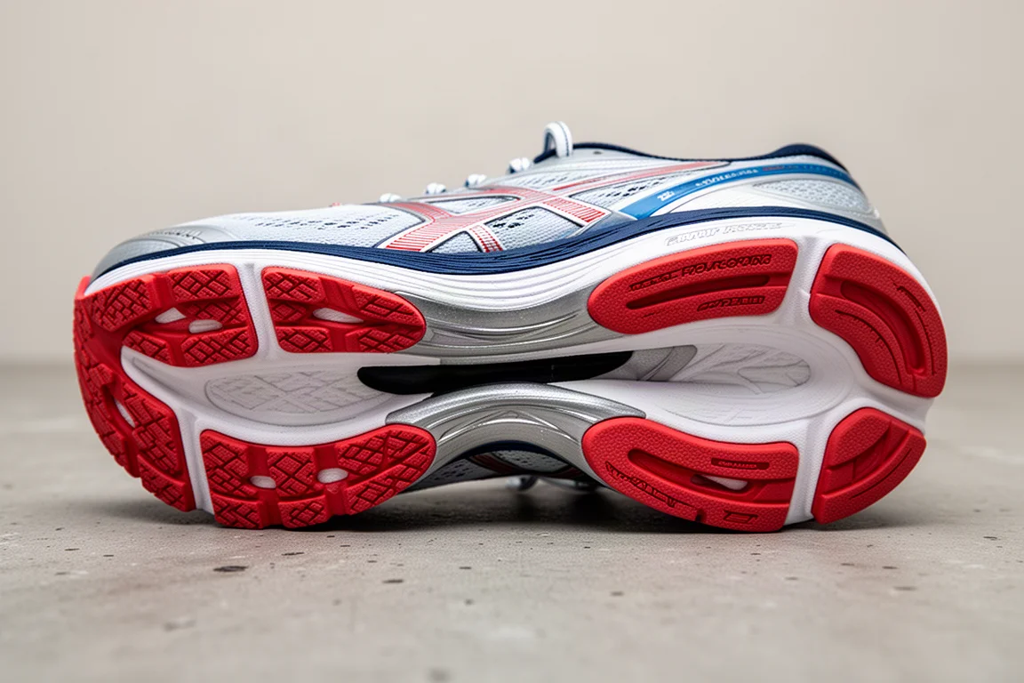 Side profile of a thick-soled racing shoe showing the midsole geometry