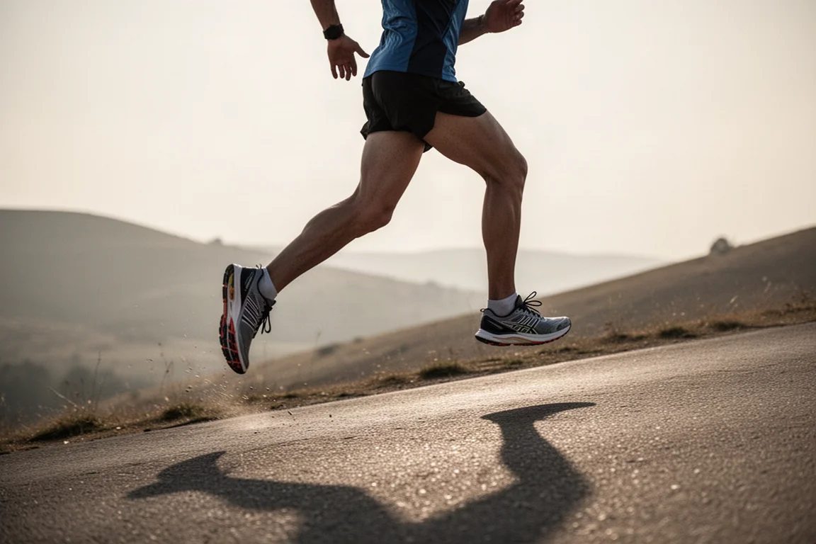 Runner mid-stride on a fast road workout