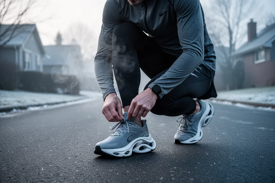 Coureur lacant une chaussure de course à empilement élevé dans une rue fraîche de petit matin
