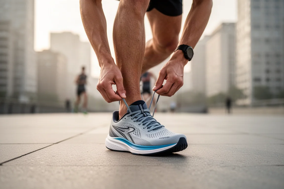 Primer plano de la mediasuela de una zapatilla de running con placa, mostrando su espuma esculpida y la placa de fibra de vidrio