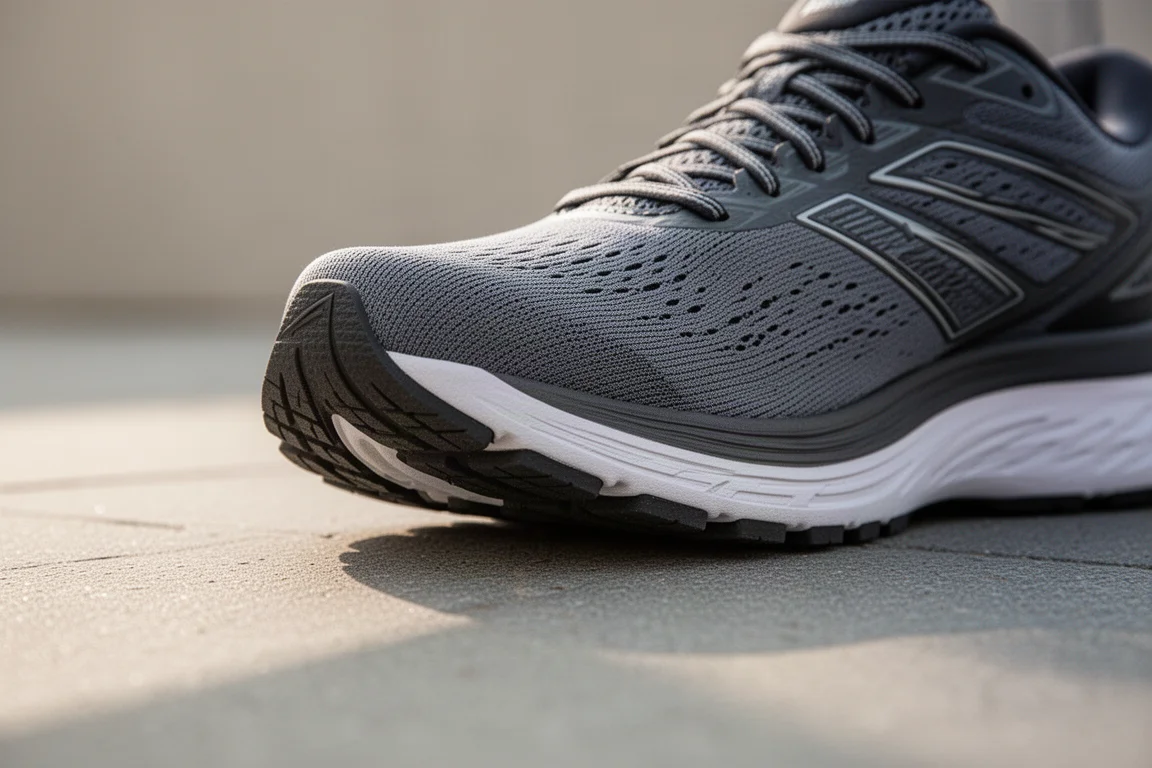 Forefoot of a running shoe midsole flexing slightly on pavement