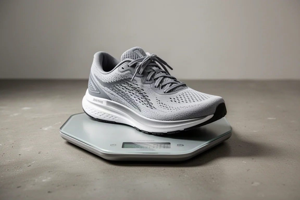 Running shoe placed on a digital scale showing its weight
