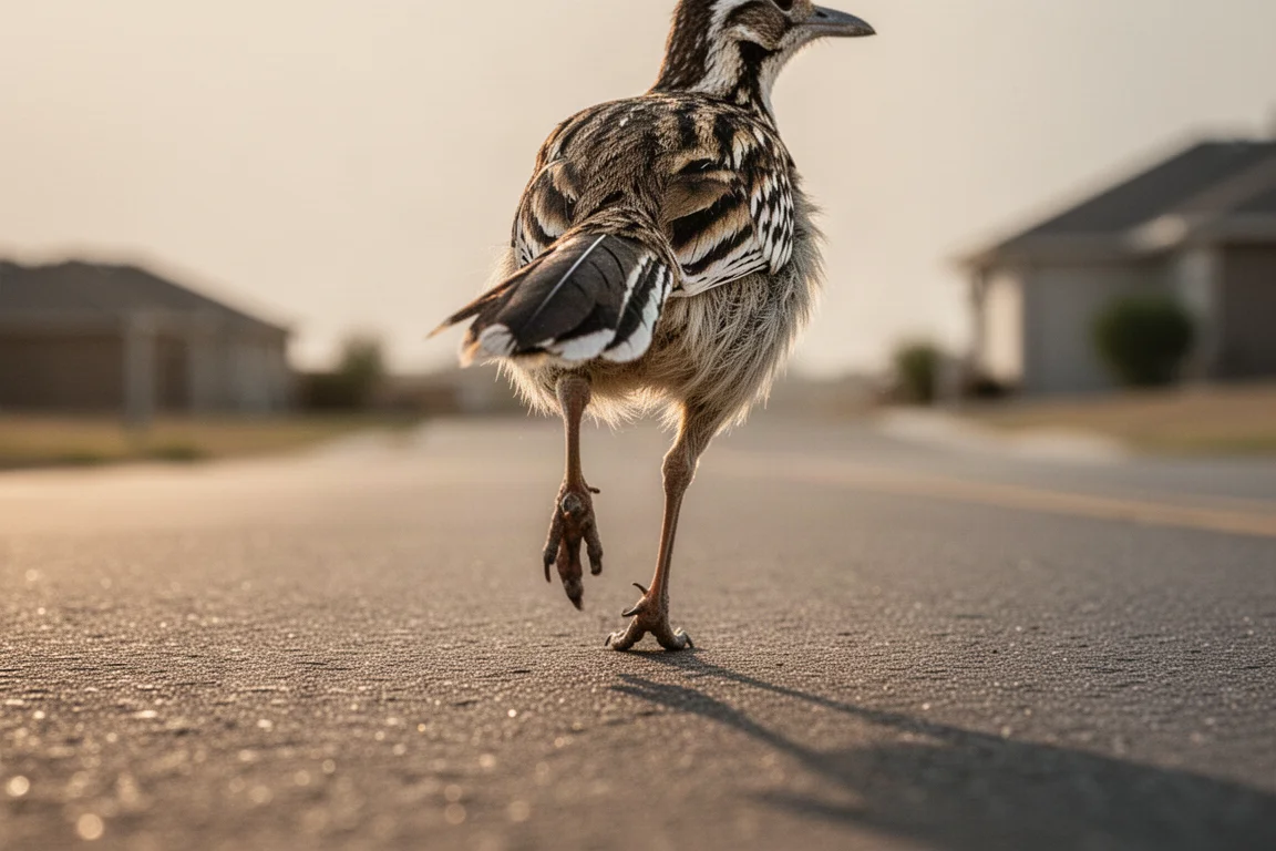 Road runner's stride mid-run on quiet suburban pavement