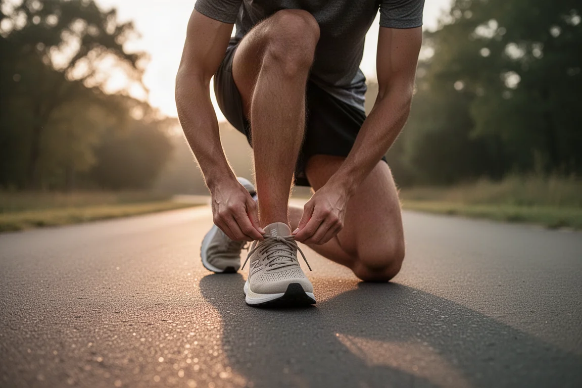Runner lacing up running shoes on a quiet suburban sidewalk in morning light