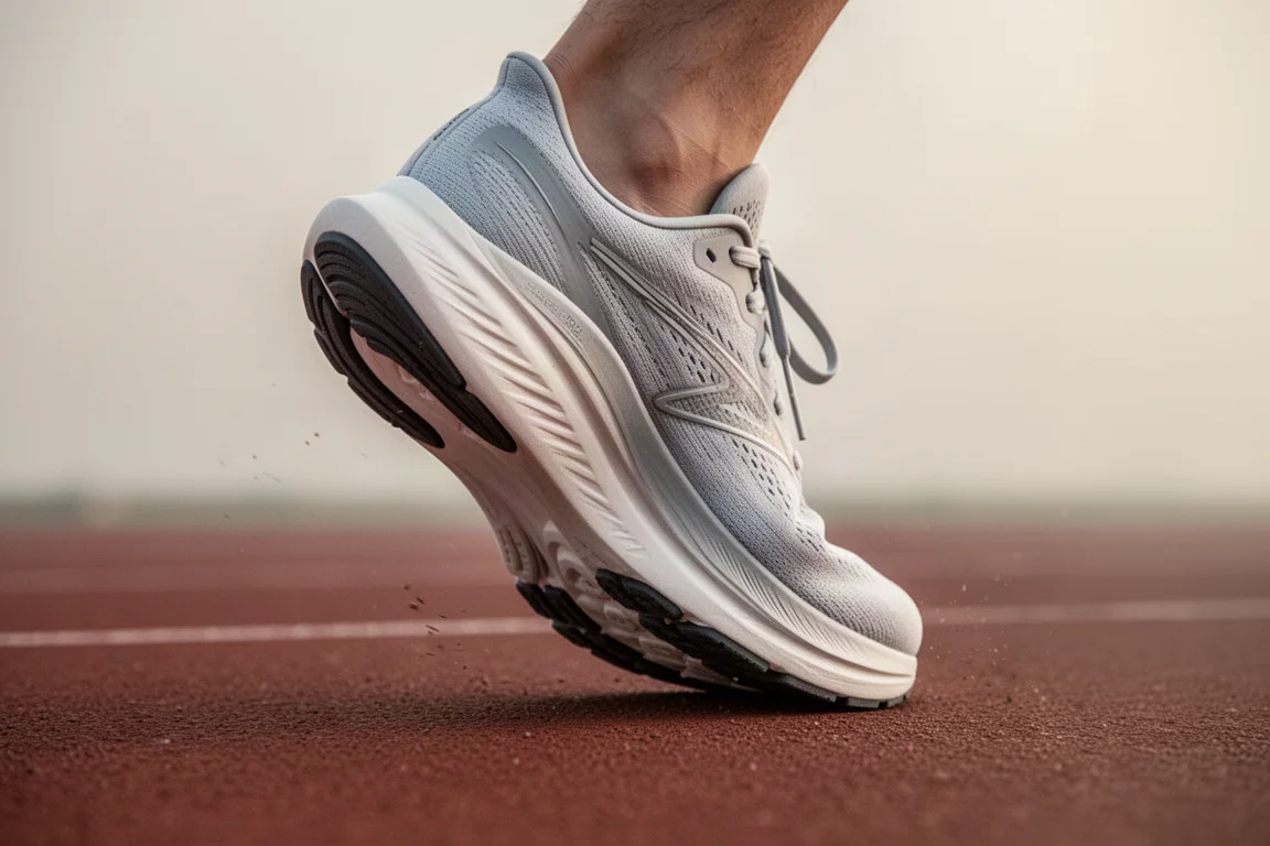 Close-up of a running shoe midsole flexing during a toe-off stride