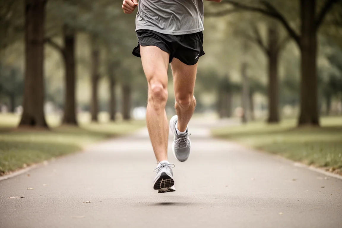 Runner striding along a park trail at an easy pace in soft daylight