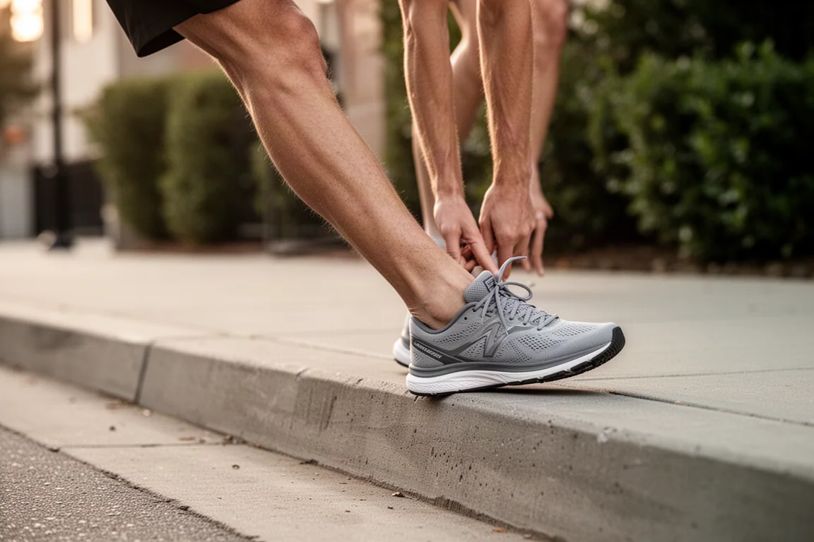 Runner stretching calves on a curb before a run