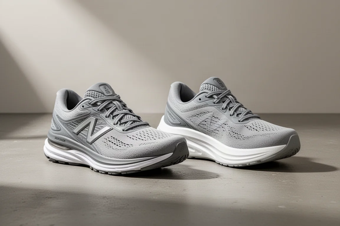 Two neutral running shoes side by side on a concrete surface