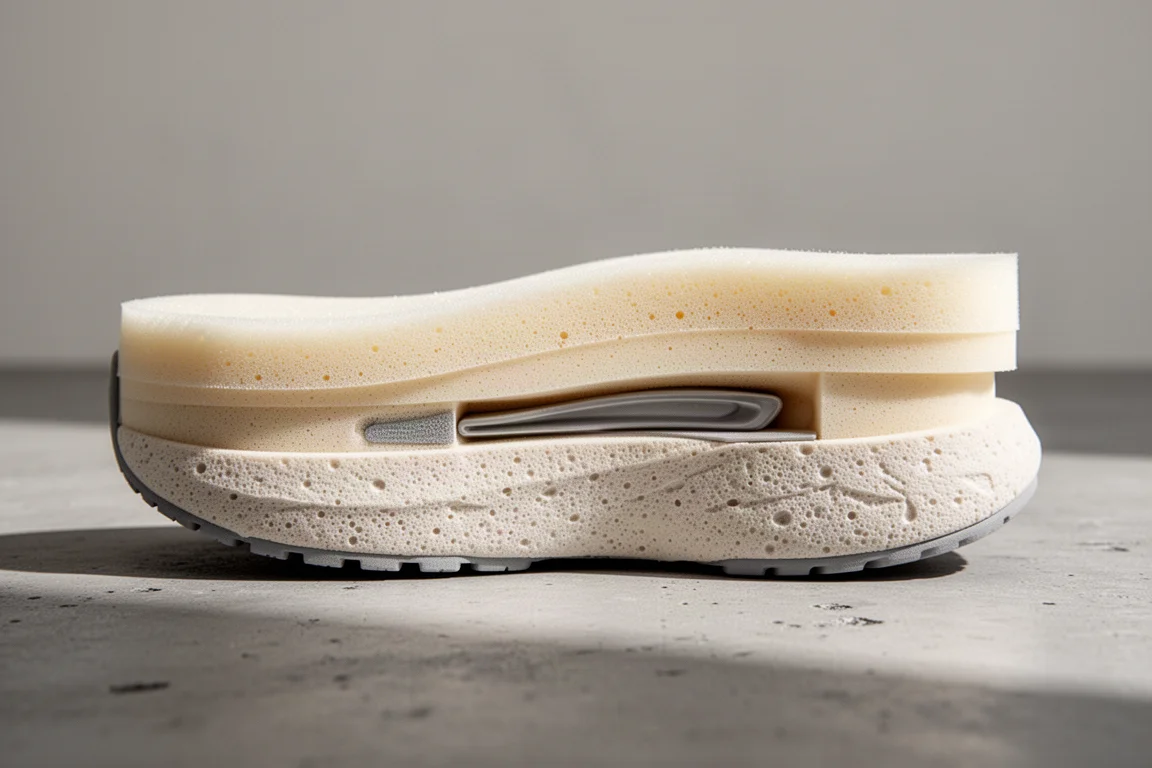 Gros plan sur la semelle intermédiaire d'une chaussure de running montrant les couches de mousse à double densité