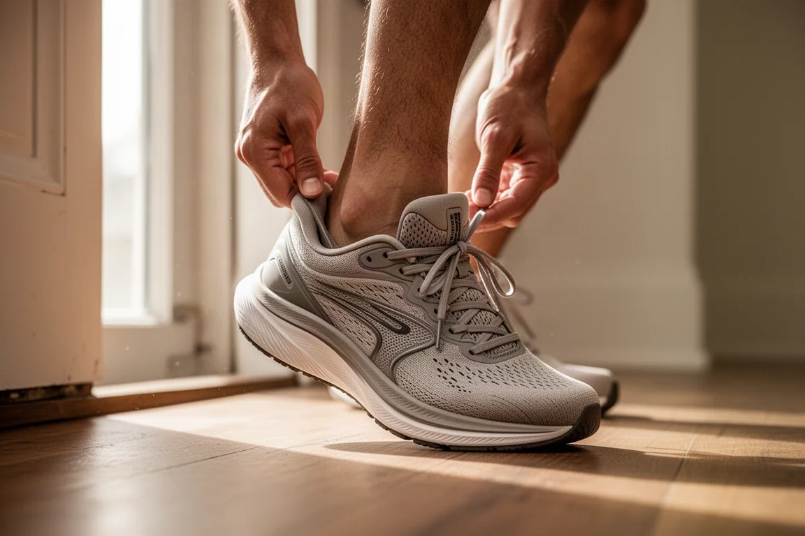 Coureur nouant les lacets d'une chaussure de running bien amortie avant une sortie facile