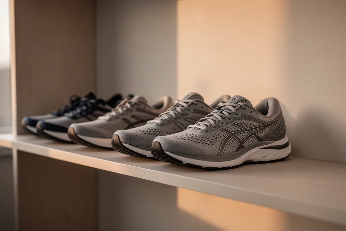 Pile de chaussures de running sur une étagère dans un intérieur chaleureux et épuré