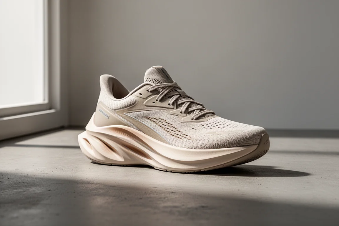 Neutral gedämpfter Laufschuh auf Betonoberfläche im weichen Studiolicht