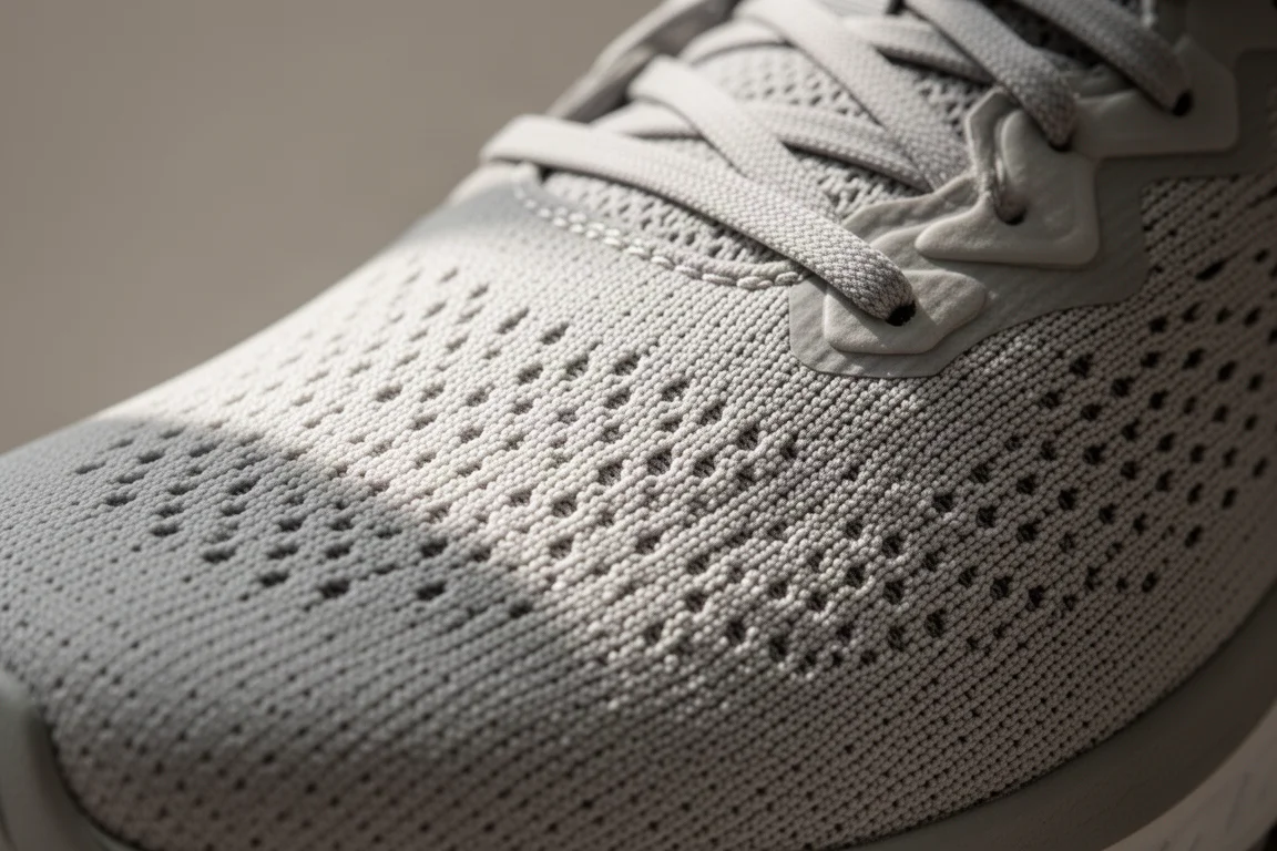 Nahaufnahme eines gewebten Laufschuh-Schafts mit dichter Stoffstruktur