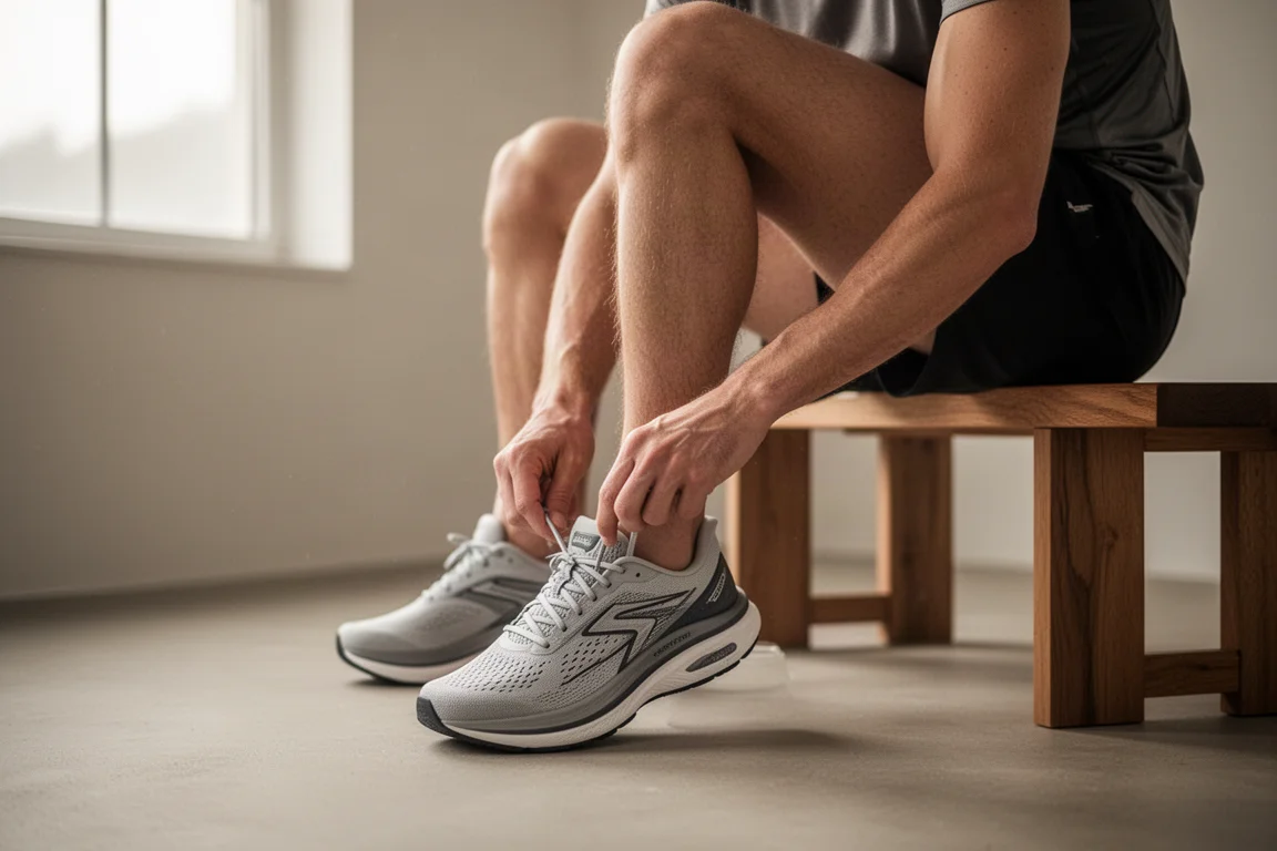 Runner allaccia una scarpa da corsa ammortizzata prima di una corsa facile mattutina