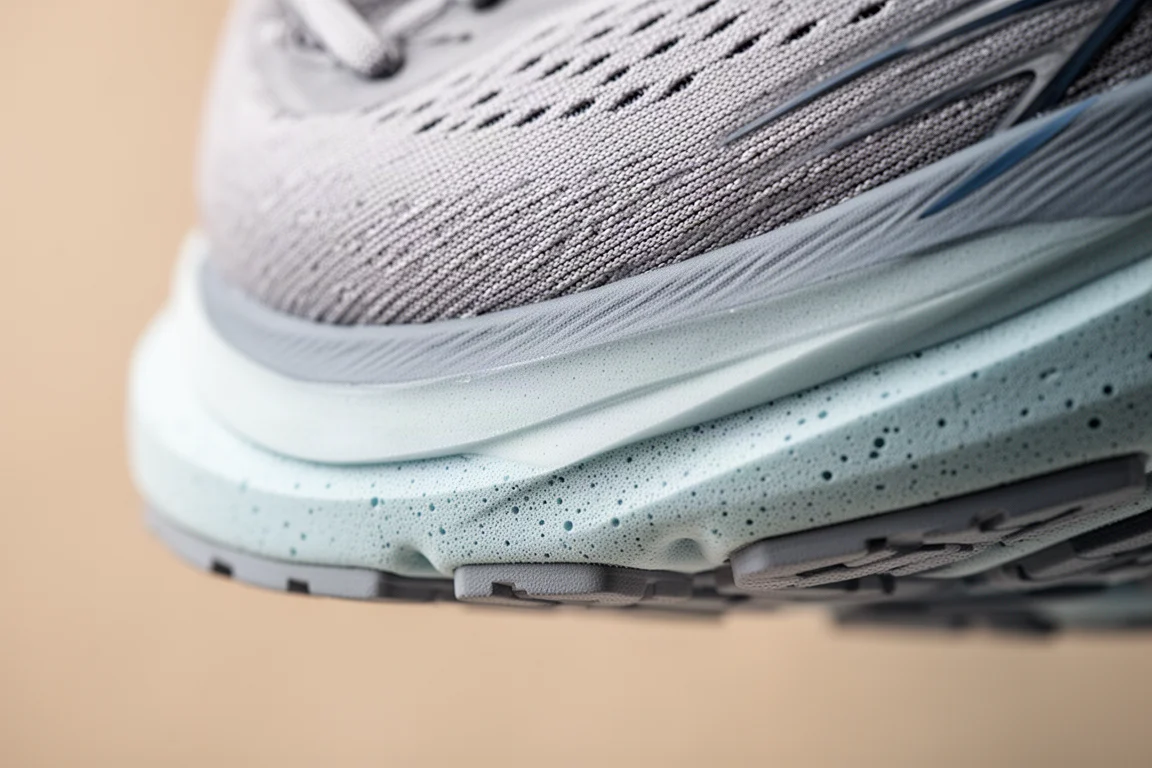 Primo piano di una midsole in schiuma stratificata che mostra uno stack di ammortizzazione bicolore
