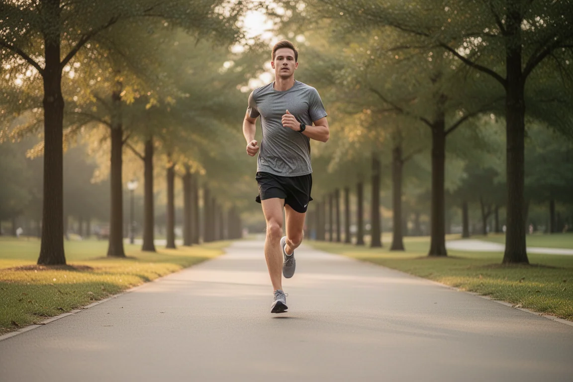 Runner che fa jogging a ritmo facile su un sentiero asfaltato di un parco