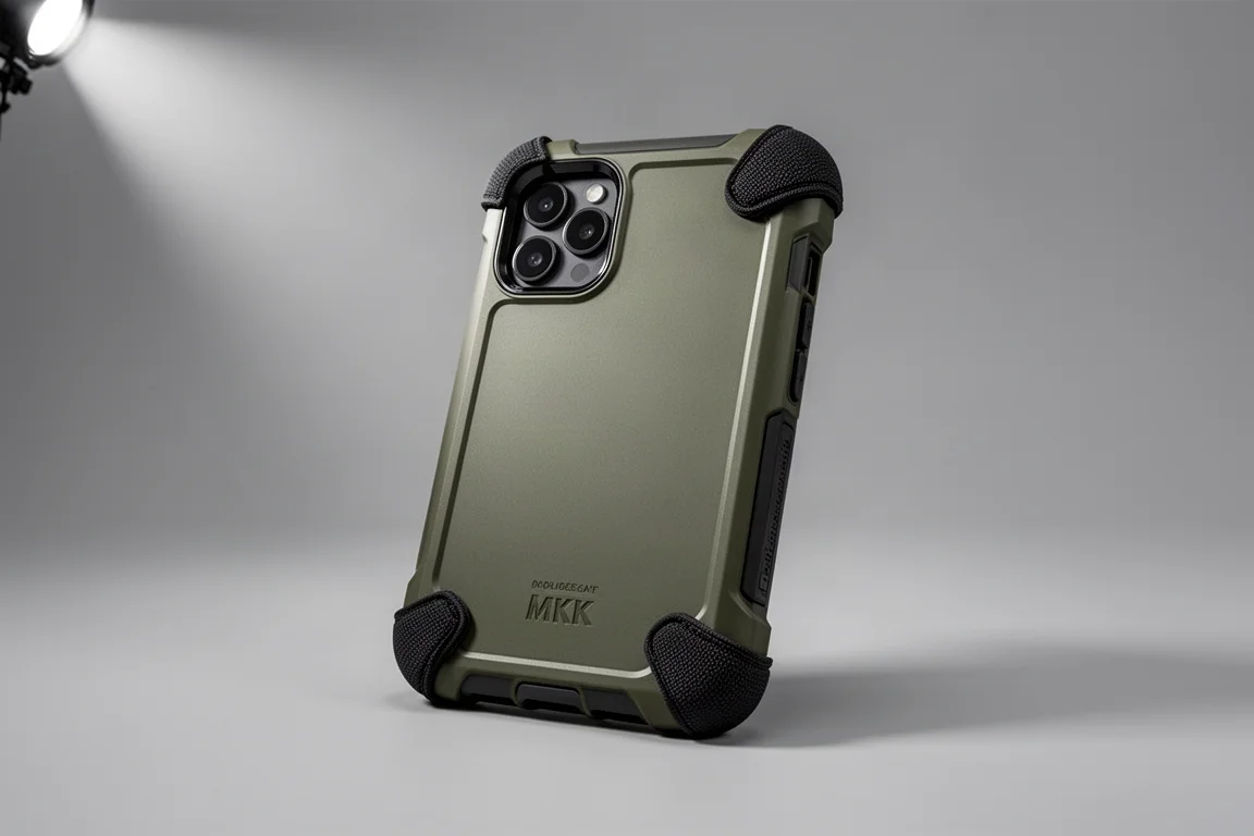 Collection of smartphone cases arranged in a grid on a concrete surface