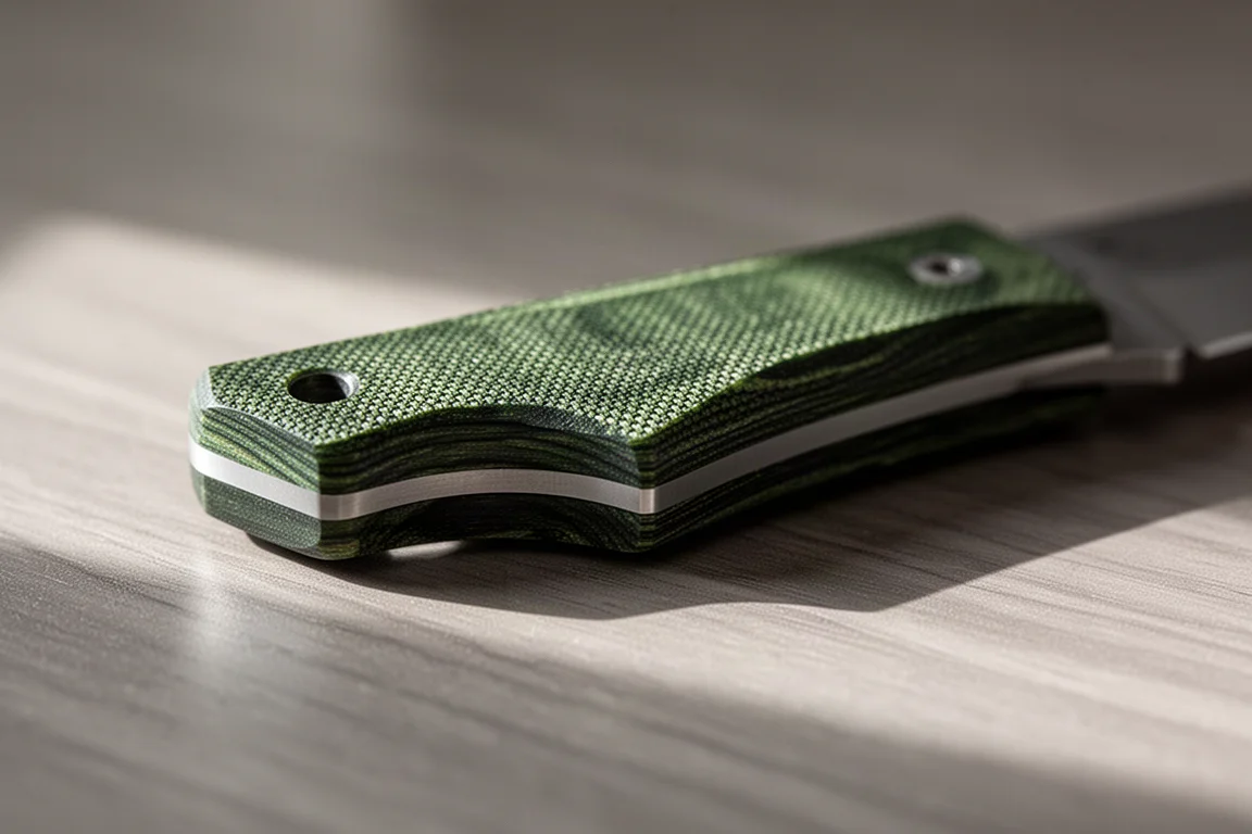 Groene canvas Micarta multitool schalen met gelaagde textuur op een houten bureau
